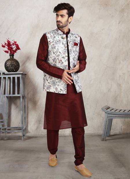 Off White Colour Festive Wear Jacquard Banarasi Silk Digital Print Kurta Pajama With Jacket Mens Collection 1206